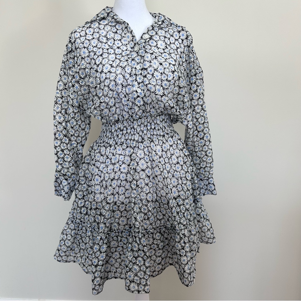 Maje Daisy Print Flower Print Dress Navy And White